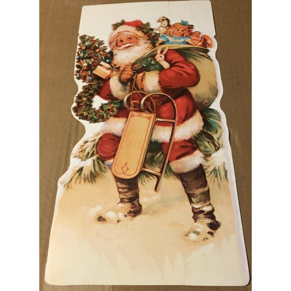 VTG CHRISTMAS EUREKA SANTA CLAUS WITH TOYS & SLED DIE CUT 14.5 X 8" NOS 2 SIDED